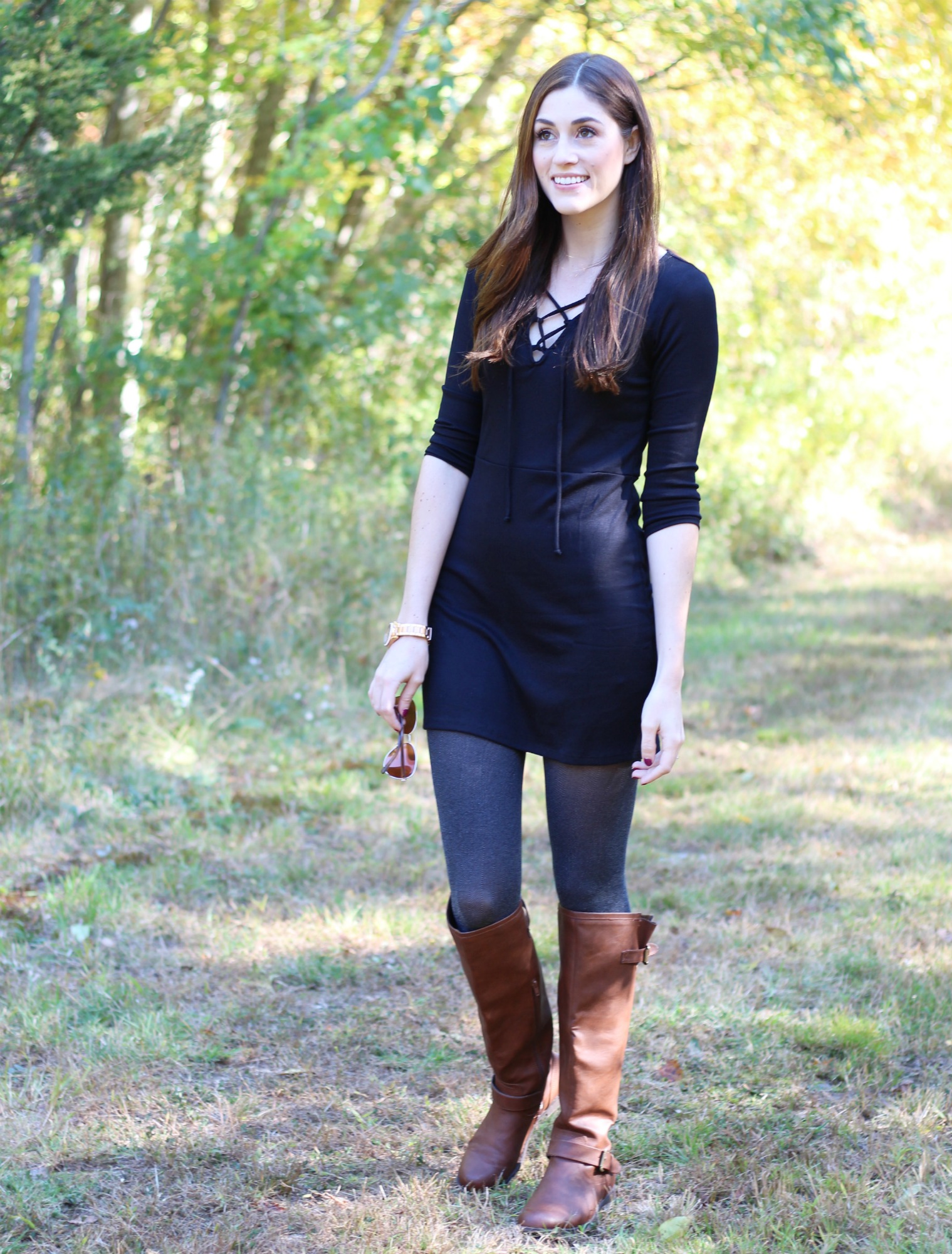 Fall Style Ribbed Lace Up Dress | Brown Tall Boots | Grey Tights Outfits