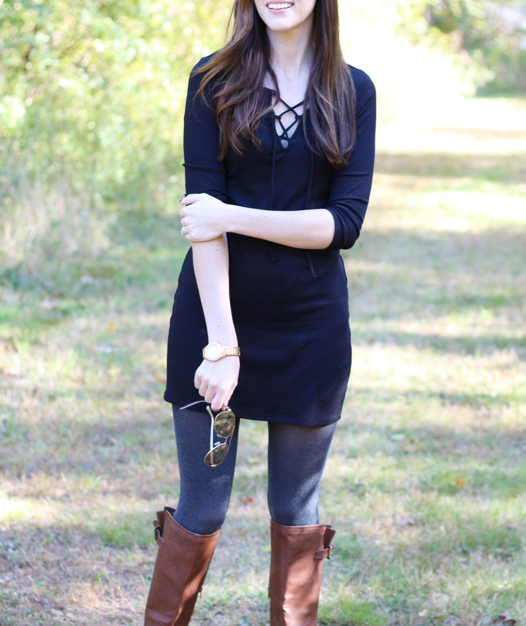 Fall Style Ribbed Lace Up Dress | Grey Tights Outfits | But First, Coffee blog
