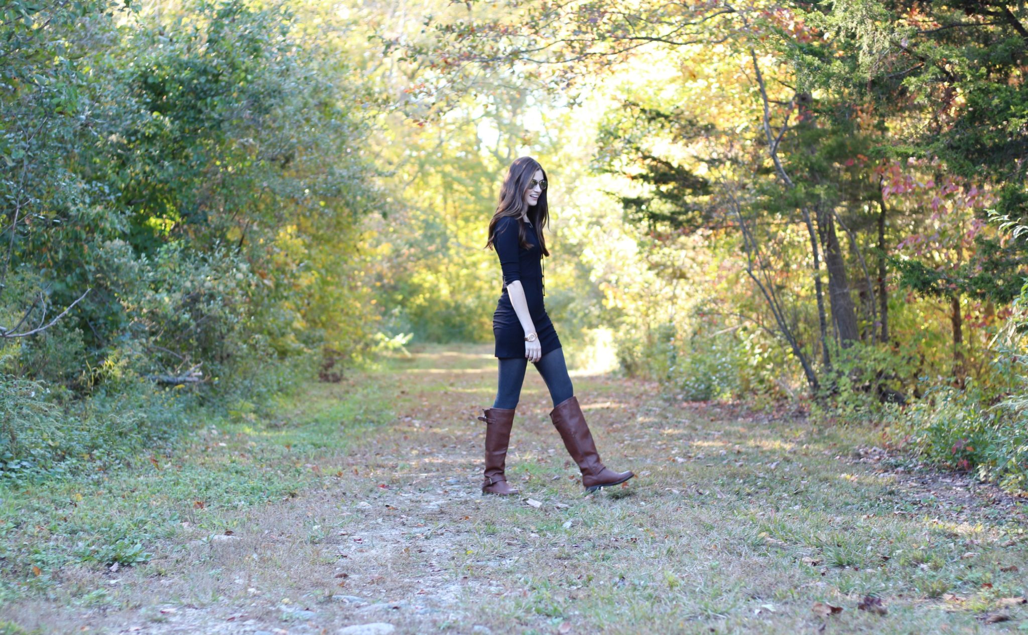 Fall Style Ribbed Lace Up Dress | Brown Leather Boots 